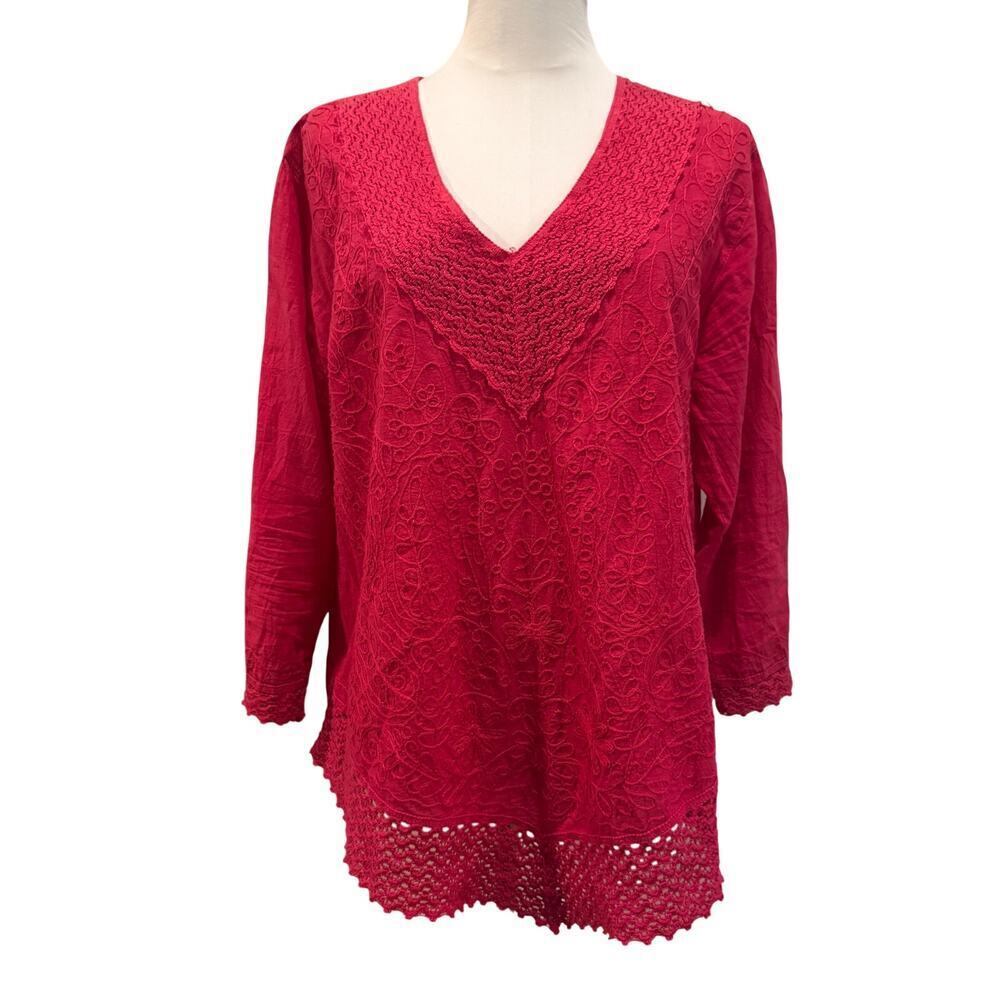 Naisha Fuchsia Pink Embroidered Cotton Tunic V Neck Blouse XL Peasant Vacation
